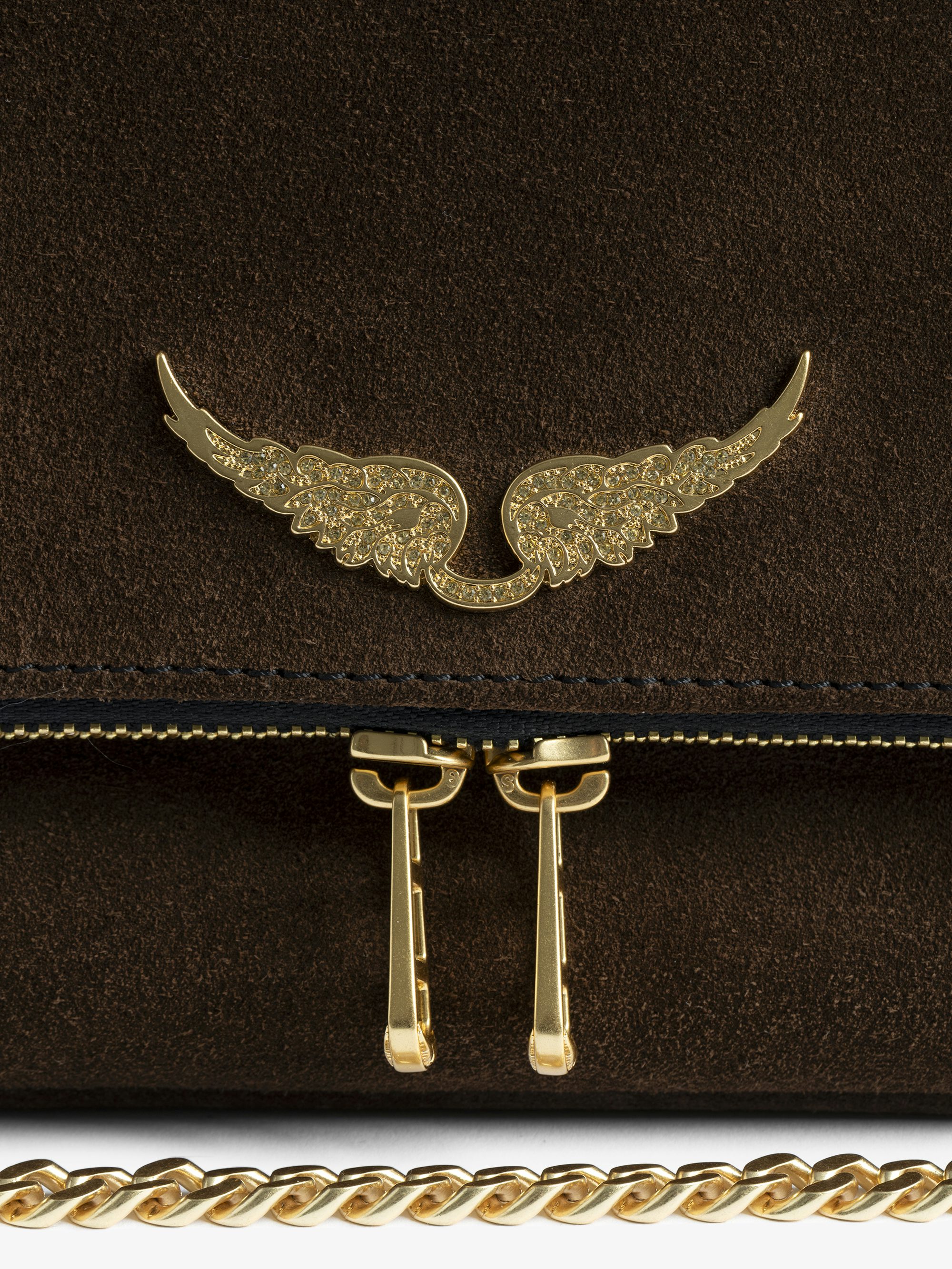 Rocky II Suede Bag - Suede leather shoulder bag with chain and signature rhinestone-embellished wings.